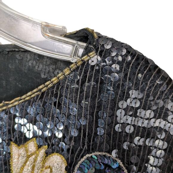 Vtg 80s Star Group Sz M 100% Silk Black Sequin Beaded Gold Rose Top Disco NYE - Picture 4 of 7